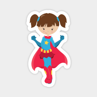 Superhero Girl, Cute Girl, Brown Hair, Red Cape Magnet