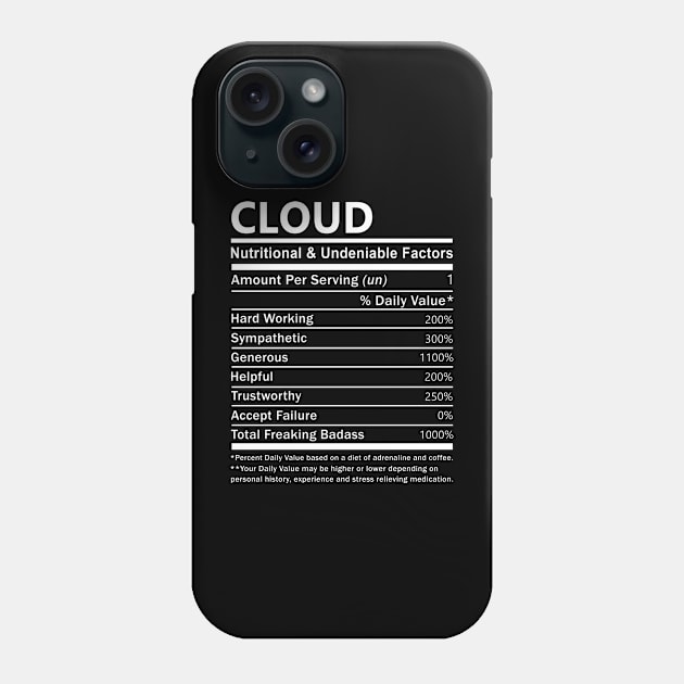 Cloud Name T Shirt - Cloud Nutritional and Undeniable Name Factors Gift Item Tee Phone Case by nikitak4um