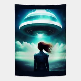 A girl looking at UFO in the sky Tapestry