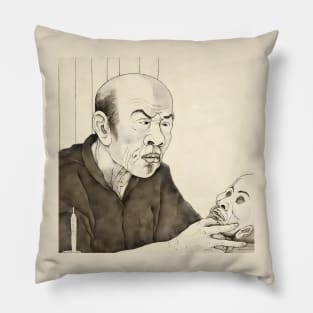 Portrait of old asian man holding human skull Pillow