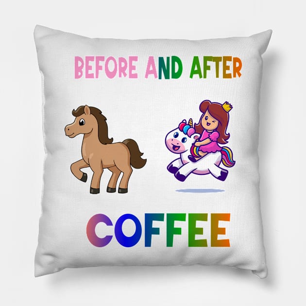 Before and after coffee Unicorn Pillow by A Zee Marketing