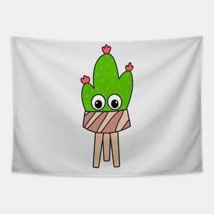 Cute Cactus Design #302: Prickly Pear With Flowers In Wood Planter Tapestry