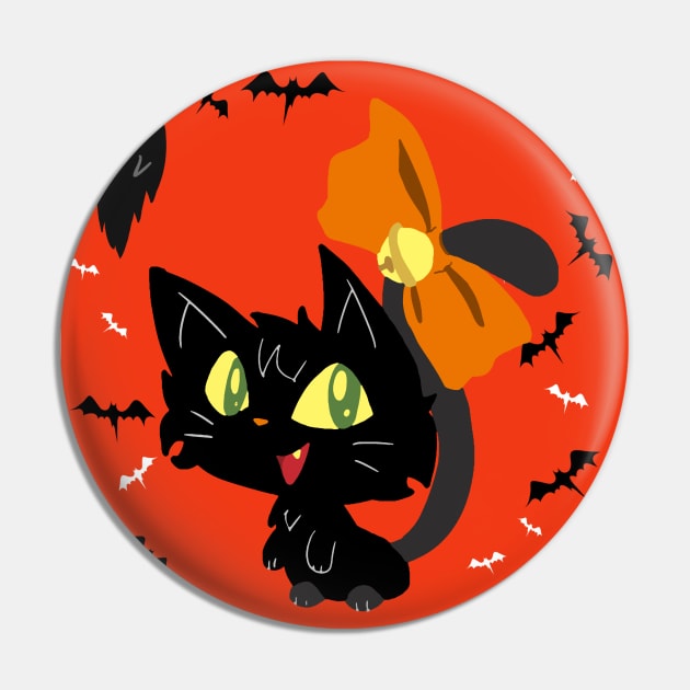 Orange Happy Halloween - Black Cat with a Bow Pin by saradaboru