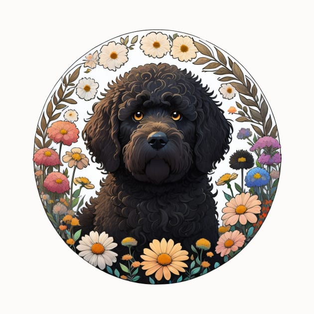 Black Doodle Surrounded By Flowers by Pet And Petal