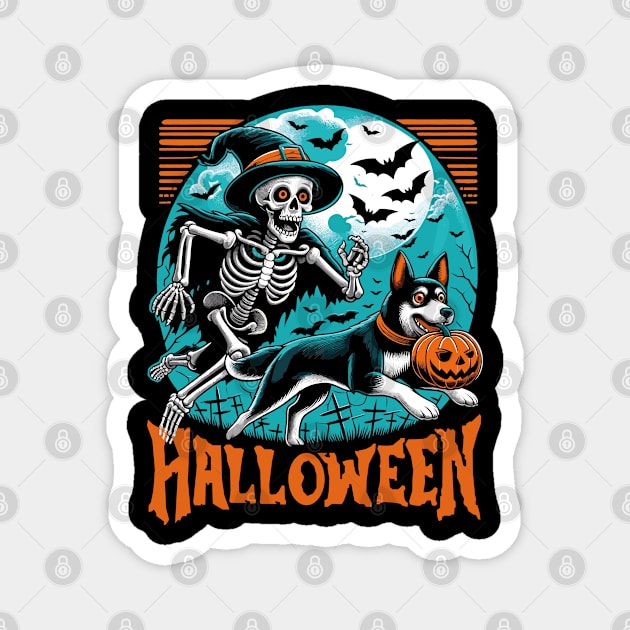 Skeleton Chasing Dog Halloween Magnet by JessArty