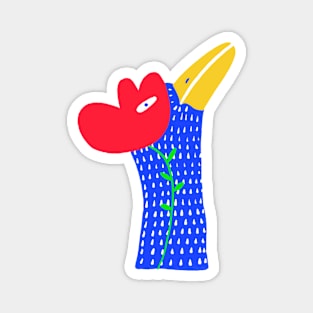 Blue funny bird with red flower, version 1 Magnet