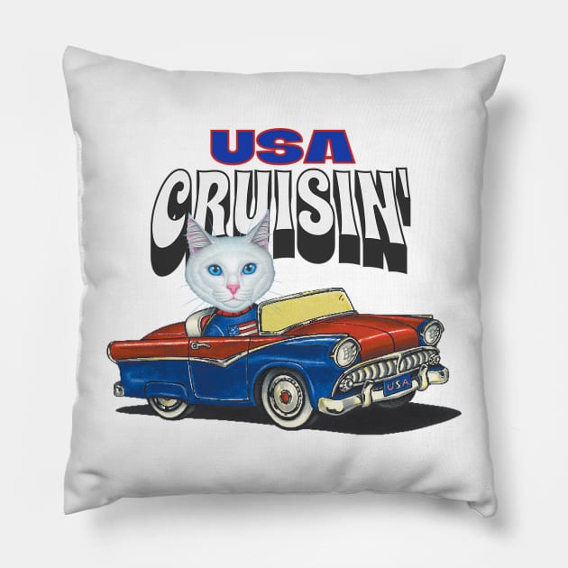 Adorable cute kitty cat is cruisin' through the USA with a vintage car Pillow by Danny Gordon Art