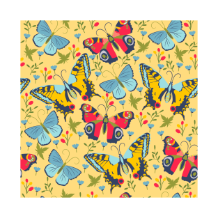 Butterflies Blue Red Yellow Colorful Pattern Design Art Retro Insect T-Shirt