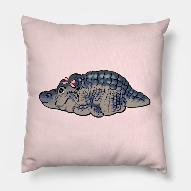 Mudwizard draws the cute chonk crocodile with pink bow ribbon meme / funny animal meme Pillow by mudwizard