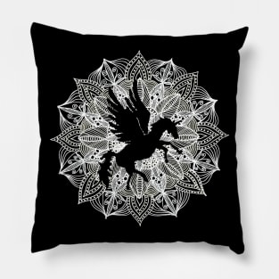 White Mandala Circle Unicorn Pegasus Pillow