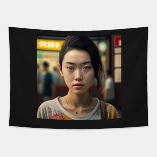 Japanese Woman Portrait in Tokyo Illustration Drawing Tapestry