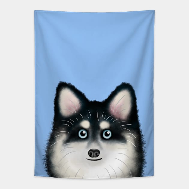 Black and White Pomsky Tapestry by illucalliart