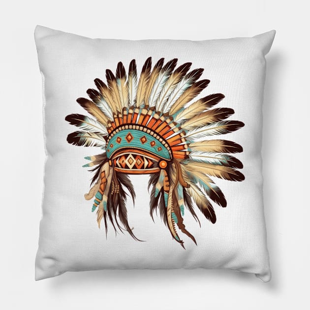 Native American Feather Headdress #1 Pillow by Chromatic Fusion Studio