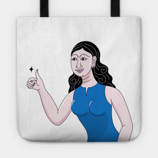 Thumbs up hand, black hair girl in blue dress on modern Thai art style Tote