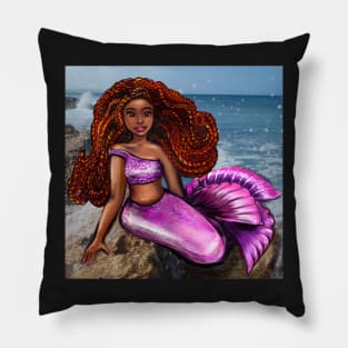 Mermaid relaxing on the rocks  with brown eyes, flowing Afro hair and caramel brown skin Pillow