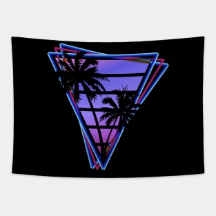 Retrowave style palm tree sunset Stormy Blue Tapestry