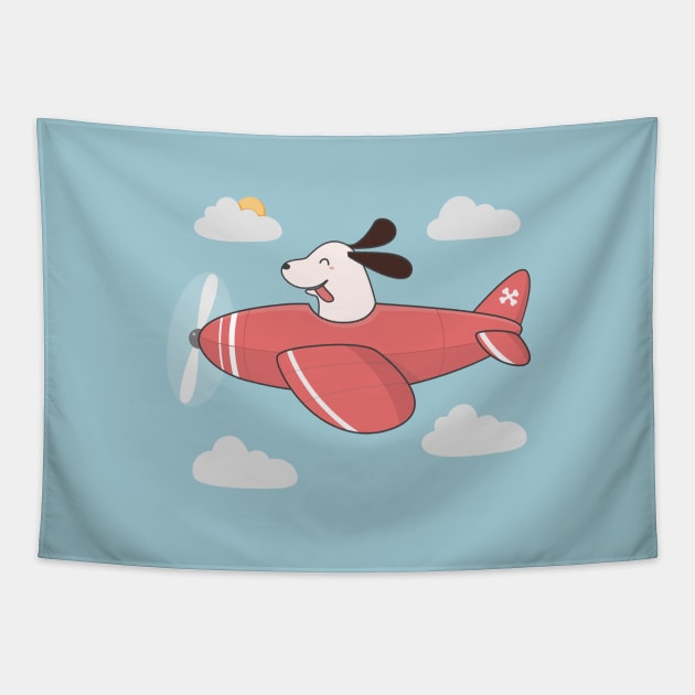 Kawaii Cute Dog Flying An Airplane Tapestry by wordsberry