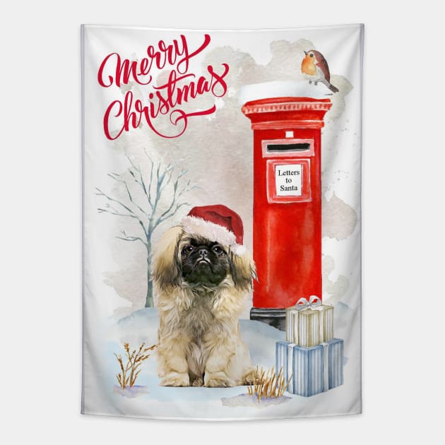 Pekingese Merry Christmas Santa Dog Tapestry by Puppy Eyes