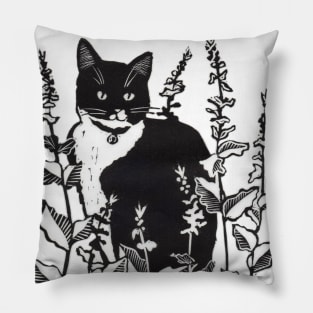 Tuxedo Cat in the Flower Garden Pillow