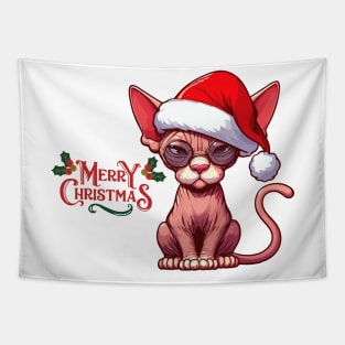 Christmas sphynx cat drawing. Funny Santa Claus cat. Tapestry