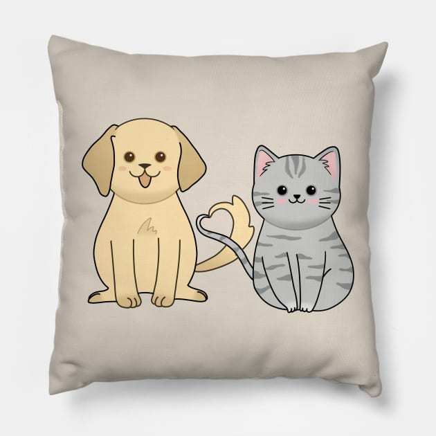 Cute chubby cat and dog with heart tail Pillow by ballooonfish