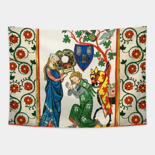 KNIGHT BEING ARMED BY HIS LADY ,MEDIEVAL MINIATURE WITH WILD ROSES Tapestry by BulganLumini