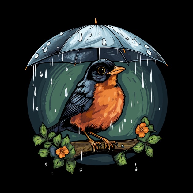 American Robin Rainy Day With Umbrella by JH Mart