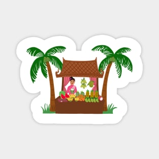 Asian street food vendor selling tropical fruit. Graphic illustration. Magnet