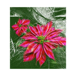 Abstract vibrant red poinsettia on green texture T-Shirt