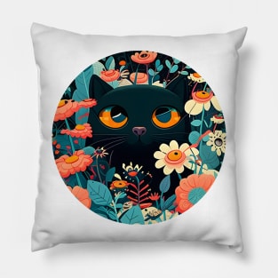 Happy Funny Black Cat In Flowers - Love Cats Pillow
