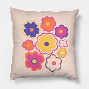 Hippie retro 70s flower pattern in pink, yellow and blue Pillow