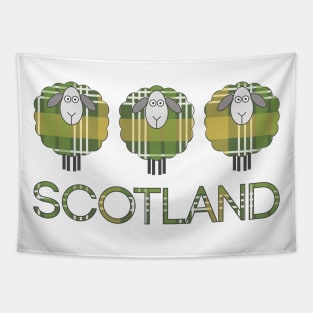 Trio of Scottish Green and Yellow Tartan Patterned Sheep Tapestry