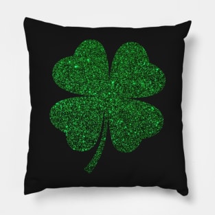 St Patricks Day, Deep Green Faux Glitter 4 Leaf Clover Pillow