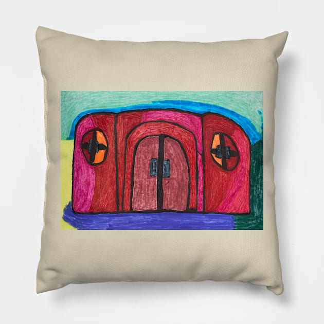 Red House with Blue Sky and Violet, Sand and Green Pillow by PodmenikArt