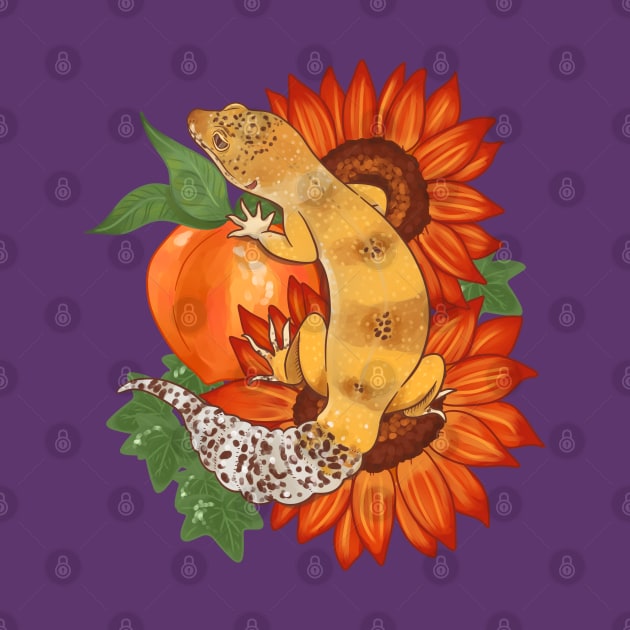 Leopard Gecko and Sunflowers by starrypaige