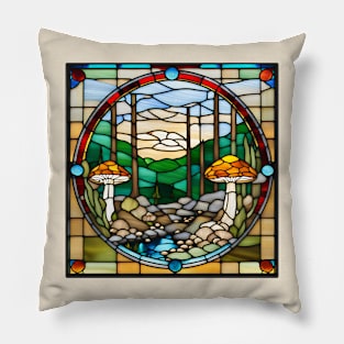 Golden Capped Mushroom Forest Stained Glass Pillow