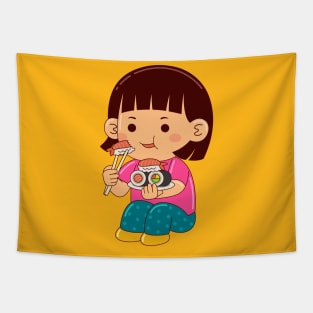 girl kids eating sushi Tapestry