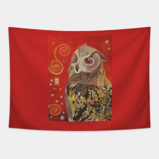 Eagle owl painting in red and gold. Tapestry