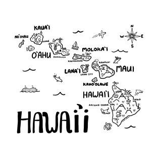 Hawaii Illustrated Map Black and White T-Shirt