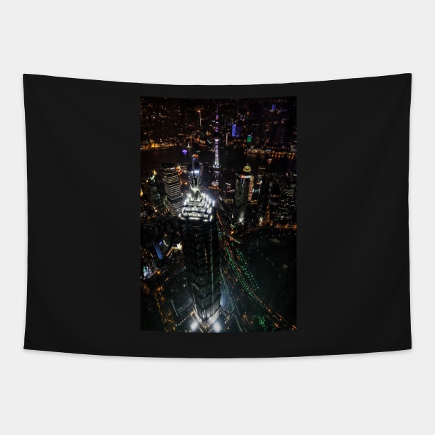 Jin Mao Tower at Night from Above - Shanghai Tapestry by holgermader