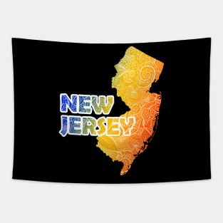 Colorful mandala art map of New Jersey with text in blue, yellow, and red Tapestry