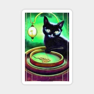 Black cat play with golden chain Magnet