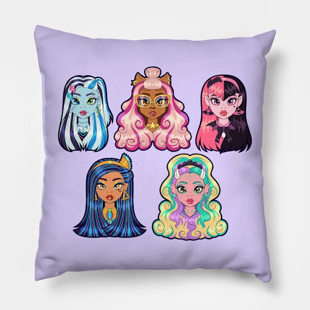 Monster High G3 Ghouls - Frankie, Clawdeen, Draculaura, Cleo, Lagoona Pillow by Bratzoid