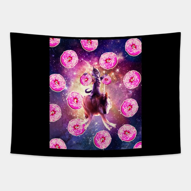 Warrior Space Cat On Wolf Unicorn - Donut Tapestry by Random Galaxy