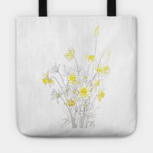 white daisy and yellow daffodils ink and watercolor Tote