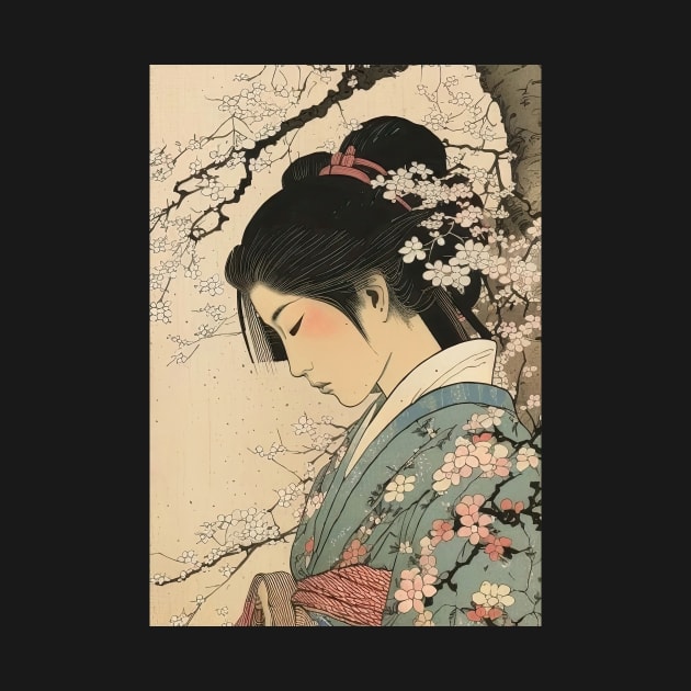 Ukiyo-e Japanese Art - Beautiful Woman Meditating Under a Cherry Blossom Tree by allovervintage