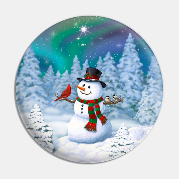 Happy Christmas Snowman and Birds Pin by csforest