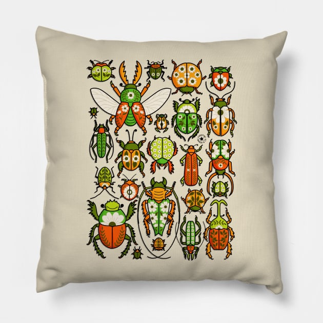 Retro Groovy Beetles Folk Art Floral Insects Illustration Pillow by Christine Parker & Co