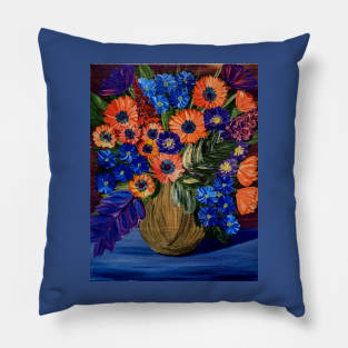 Bright and colorful abstract flowers in a bronze and purple vase Pillow