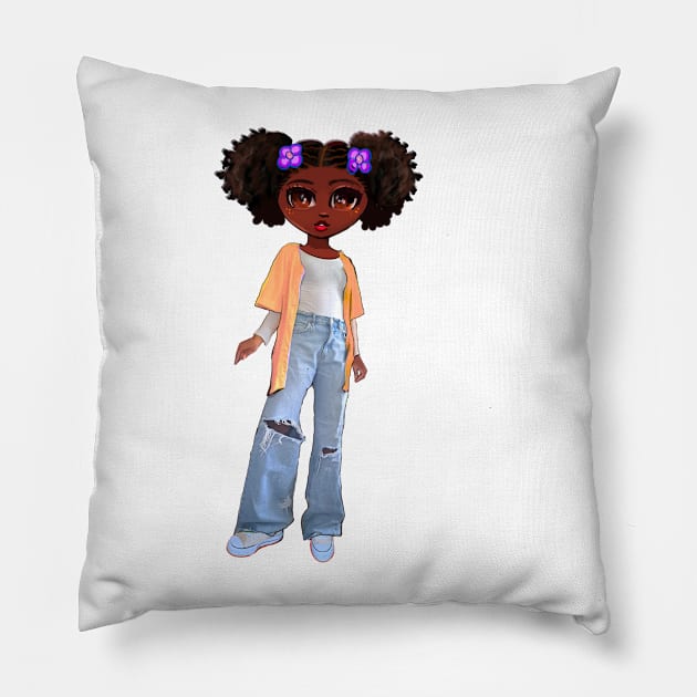 Beautiful Brown skin African American girl with Afro hair in 2 puffs. Black girls rock, black girl magic,melanin poppin queen anime girl drawn in manga style Pillow by Artonmytee